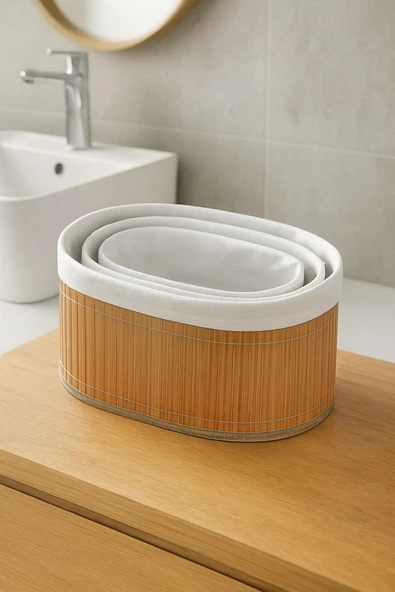 3 lü Bambu Sepet Seti - Doğal Katlanabilir,Dekoratif Organizer - Banyo Ve Ev Düzeni - 2