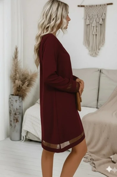 MDB Kadın Uzun Kollu V Yakalı Tül şerit Detaylı Mini Krep Elbise - Resim 2