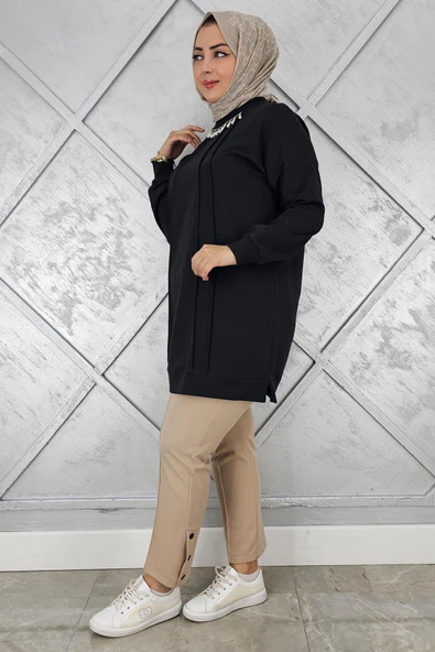 KADIN NERVÜR DİKİM İNCİ KOLYE DETAYLI TESETTÜR TUNİK - 5
