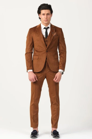 Plus Scorpion Taba Fitilli Kadife Erkek Takım Elbise – 3 Parça Yelekli, Şık ve Modern Slim Fit Kesim ürün görseli
