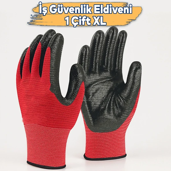 Nitril Kaplama İş Eldiveni 10 XL Yüksek Kavrama Esnek Konforlu Çalışma Eldiveni Kırmızı Siyah - Resim 2