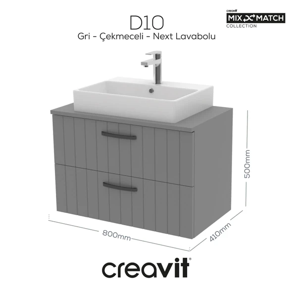 D10 Next Lavabo Dolabı İki Çekmeceli 80 cm Gri Lake Kapak ürün görseli