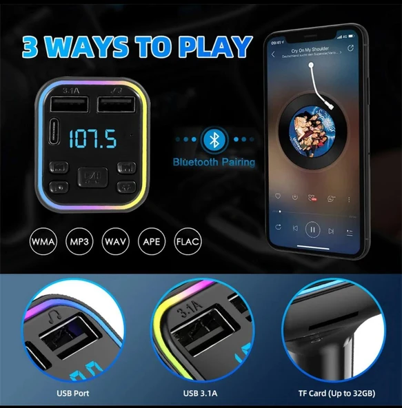 Araç Fm Transmitter Bluetooth Usb Mp3 Sd Kart Çakmaklık Girişli 7 Renk Led Işıklı Araç Kiti - 2