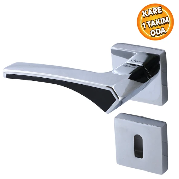 Rozetli Oda Kapı Kolu Sağa ve Sola Uygun Kare Siyah Krom Saten 1 Takım - Resim 2