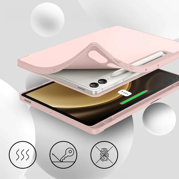 Samsung Galaxy Tab S9 Plus X810 12.4 İnç Kılıf Premium Silikon Kalem Bölmeli Smart Case  Pembe - Resim 3