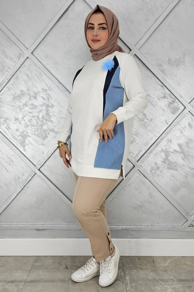 KADIN KOMBİNLİ TÜL ÇİÇEK DETAYLI TESETTÜR TUNİK - Resim 3