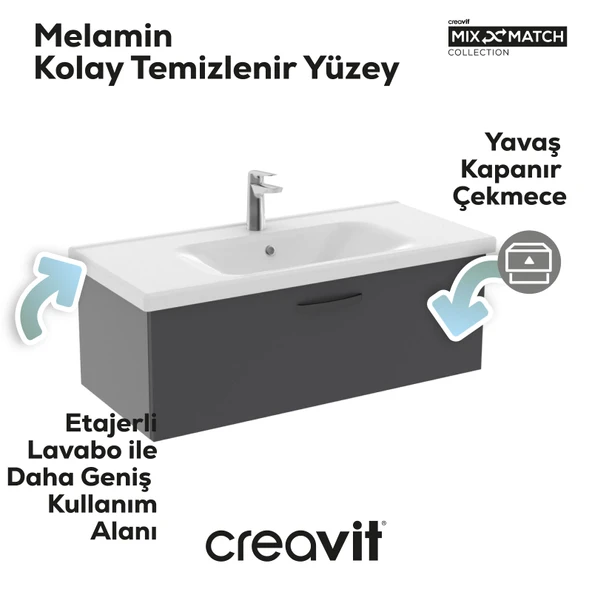 D10 Eksen Lavabo Dolabı Çekmeceli 100 cm Gri Gövde Antrasit Kapak - Resim 2