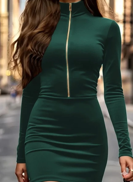 MDB Kadın Uzun Kollu Balıkçı Yaka Yakadan Göğüse Kadar Fermuar Detaylı Mini Kadife Elbise ürün görseli 1