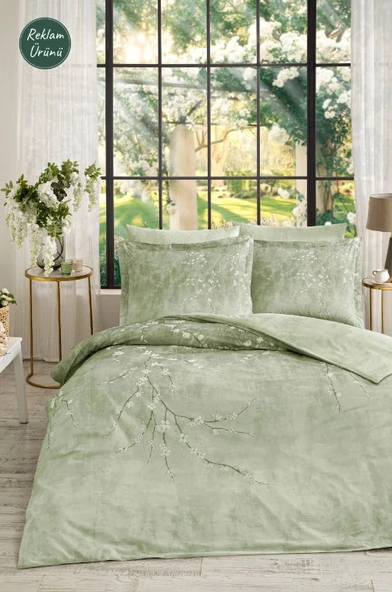 Özdilek White Sakura Yeşil Çift Kişilik %100 Pamuk Lastik Çarşaflı Nevresim Takımı
