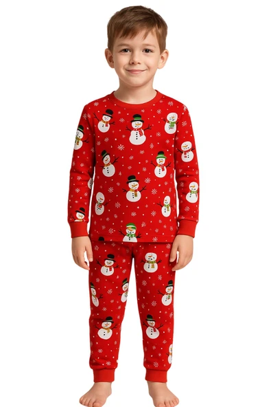 Unisex Yılbaşı Kardan Adam Desenli Çocuk Pijama Takımı - Resim 9