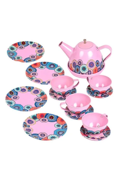 15 Parça Tepsili Çantalı Metal Evcilik Mutfak Eğitici Çocuk Oyuncak Çay Seti - 3