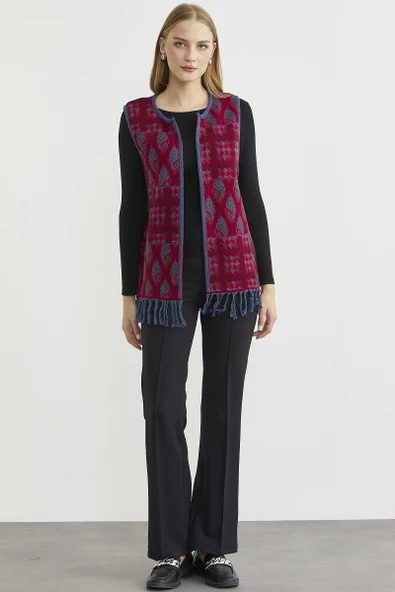 Desenli Bohem Yünlü Triko Yelek - Kırmızı ürün görseli 1