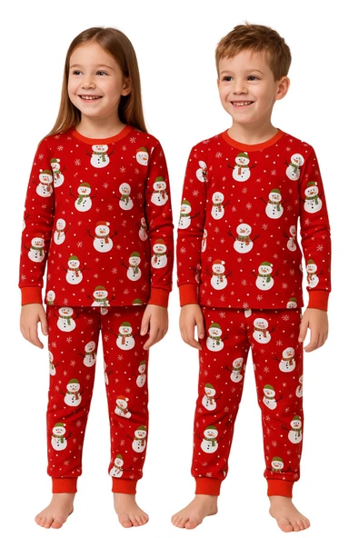 Unisex Yılbaşı Kardan Adam Desenli Çocuk Pijama Takımı - Resim 7
