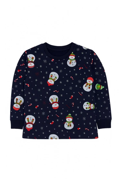 Unisex Yılbaşı Kardan Adam Desenli Çocuk Pijama Takımı - Resim 5