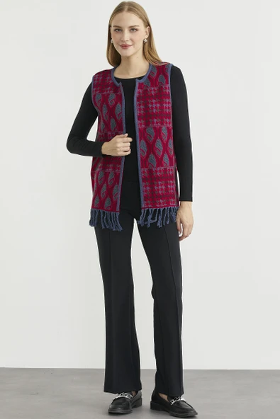 Desenli Bohem Yünlü Triko Yelek - Kırmızı - Resim 2