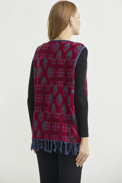 Desenli Bohem Yünlü Triko Yelek - Kırmızı - Resim 6
