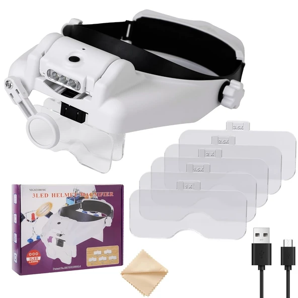 HyMark Kafa Bandı MG82000MC Büyüteç Gözlük LED Işıklı Şarjlı Pil Çoklu Değiştirilebilir Lens Ayarlanabilir ürün görseli 1