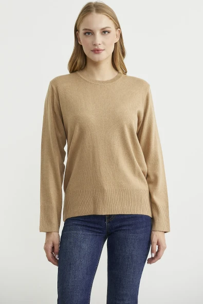 Bisiklet Yaka Yünlü Basic Triko Kazak - Kamel ürün görseli 1