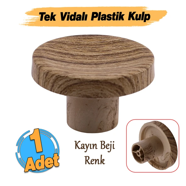 Bohem  Tek Vidalı İç Bükey Plastik Düğme Kulp Kubik Kayın Bej Renk Mobilya Dolap Çekmece Kulpu Kulbu - Resim 2