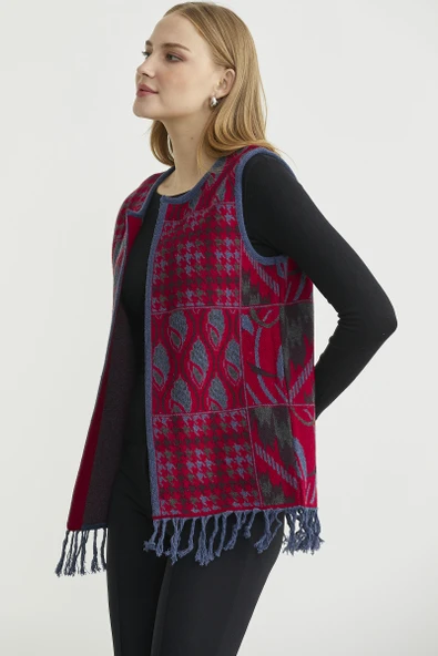 Desenli Bohem Yünlü Triko Yelek - Kırmızı - Resim 5