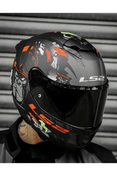 LS2 STREAM 2 ANGRY MONKEY MAT SIYAH-KIRMIZI KAPALI KASK(SIYAH SEFFAF CAM)