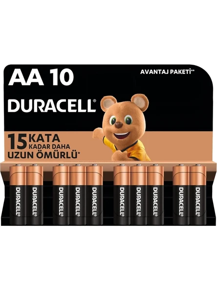 Duracell Alkalin AA Kalem Pil, 1,5 V LR6/MN1500, 10’lu paket ürün görseli