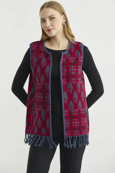 Desenli Bohem Yünlü Triko Yelek - Kırmızı - Resim 3