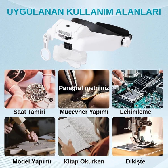HyMark Kafa Bandı MG82000MC Büyüteç Gözlük LED Işıklı Şarjlı Pil Çoklu Değiştirilebilir Lens Ayarlanabilir - 8