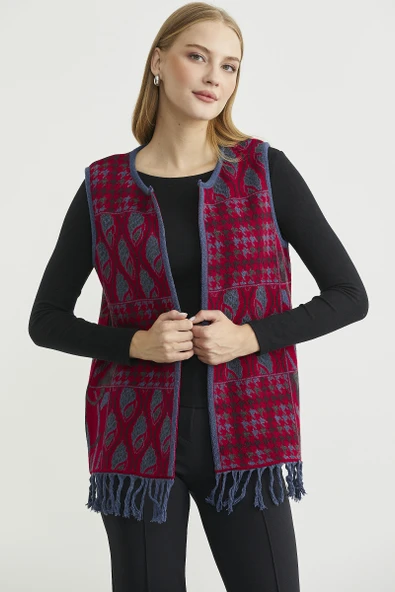 Desenli Bohem Yünlü Triko Yelek - Kırmızı - Resim 4