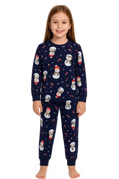 Unisex Yılbaşı Kardan Adam Desenli Çocuk Pijama Takımı ürün görseli