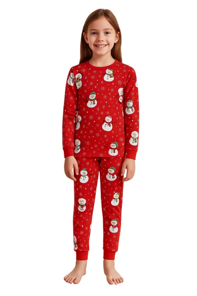 Unisex Yılbaşı Kardan Adam Desenli Çocuk Pijama Takımı - Resim 8