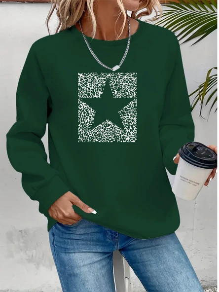 Kadın Uzun Kollu Bisiklet Yaka Desenli Viskon Iki Iplik Bluz - Resim 3