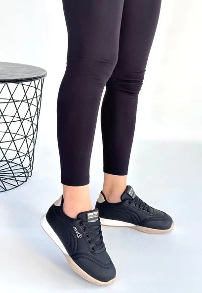 Tawen Siyah Cilt Bej Tabanlı Bağcıklı Spor Ayakkabı - 2