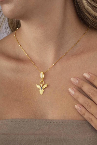 Gümüş Pazarım Safir Taşlı Altın Kaplama Anka Kuşu 925 Ayar Gümüş Kolye - Resim 3