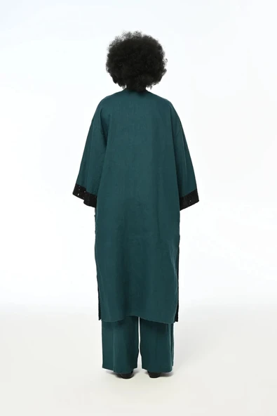 KOLLARI PAYET İŞLEMELİ %100 KETEN PETROL RENK UZUN KİMONO CEKET - 10