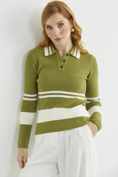 Polo Yaka Fitilli Triko Kazak - Yeşil ürün görseli 1