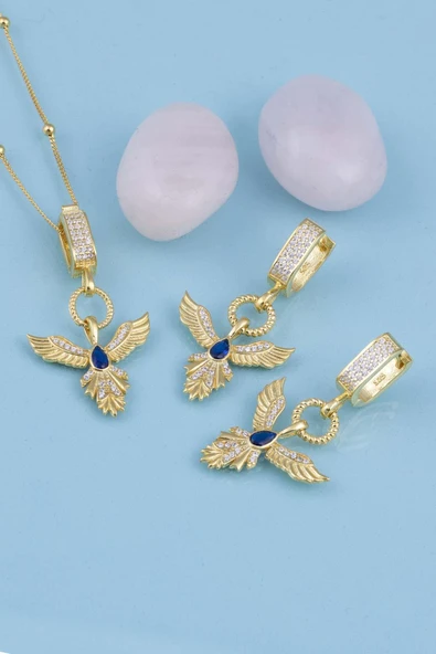 Gümüş Pazarım Safir Taşlı Altın Kaplama Anka Kuşu 925 Ayar Gümüş Set - 2