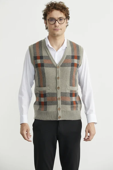 Düğmeli Yünlü Kalın Triko Yelek - Vizon - Resim 3