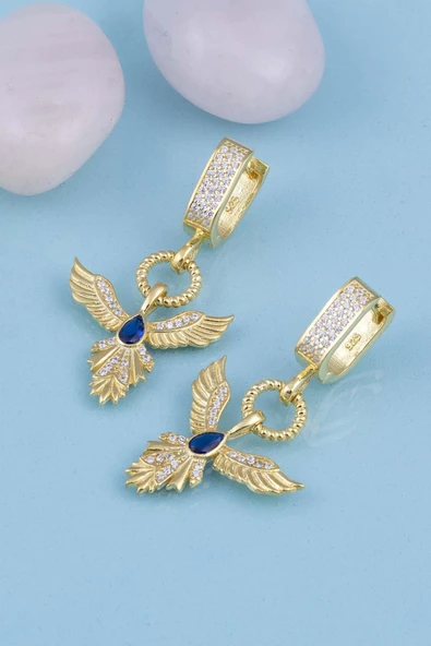 Gümüş Pazarım Safir Taşlı Altın Kaplama Anka Kuşu 925 Ayar Gümüş Küpe - 3