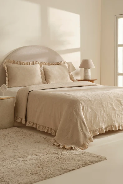 Lavinya %100 Pamuk Çift Kişilik Yatak Örtüsü Takımı Bej - Resim 4