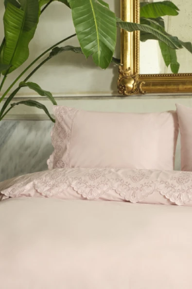 Chole Brodeli %100 Pamuk Çift Kişilik Nevresim Takımı Pudra - Resim 4