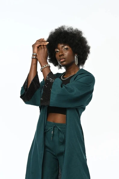 KOLLARI PAYET İŞLEMELİ %100 KETEN PETROL RENK UZUN KİMONO CEKET - 2