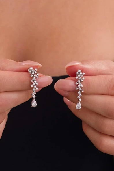 Gümüş Pazarım Pırlanta Montür 4 Tırnaklı Su Yolu 925 Ayar Küpe - Resim 2