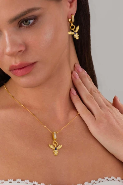 Gümüş Pazarım Safir Taşlı Altın Kaplama Anka Kuşu 925 Ayar Gümüş Set