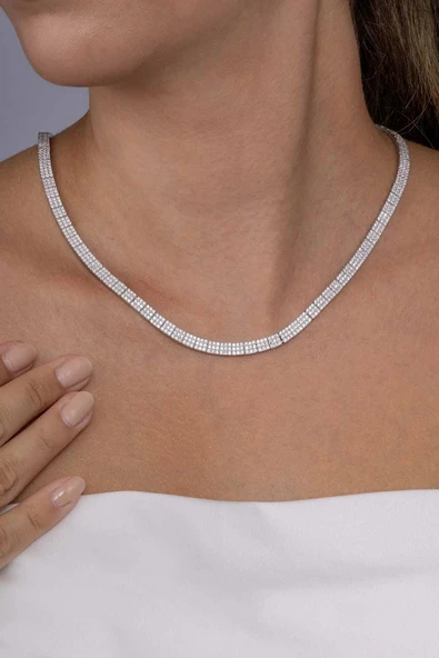 Gümüş Pazarım Beyaz Altın Kaplama 3 Sıra Su Yolu 925 Ayar Gümüş Kolye