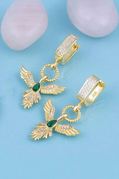 Gümüş Pazarım Zümrüt Taşlı Altın Kaplama Anka Kuşu 925 Ayar Gümüş Küpe - 4