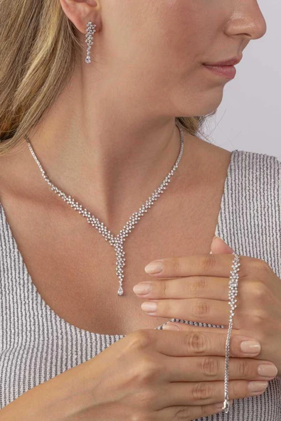 Gümüş Pazarım Pırlanta Montür 4 Tırnaklı Su Yolu 925 Ayar Gümüş Dügün Set - 2