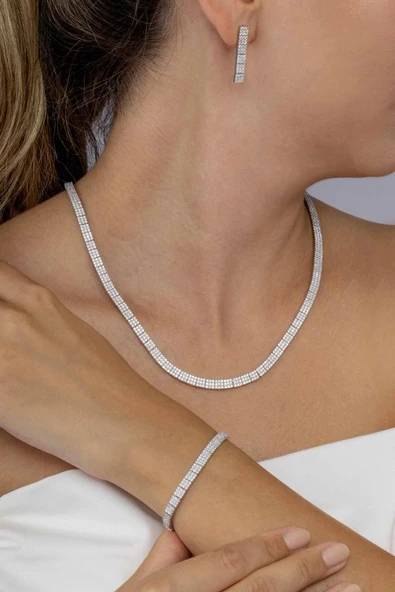 Gümüş Pazarım Beyaz Altın Kaplama 3 Sıra Su Yolu 925 Ayar Gümüş Düğün Seti - 3