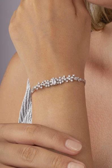 Gümüş Pazarım Pırlanta Montür 4 Tırnaklı Su Yolu 925 Ayar Gümüş Bileklik - 3