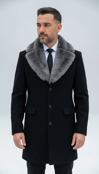 Plus Scorpion Erkek Uzun Kaşe Kaban – Çıkartılabilir Kürk Yaka, Astarlı ve Cepli Slim Fit Mont (Bej, Gri, Siyah, Taba)